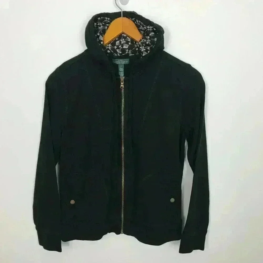 LRL Lauren Jeans Women Large Black Tan Zip Jacket - Picture 2 of 8